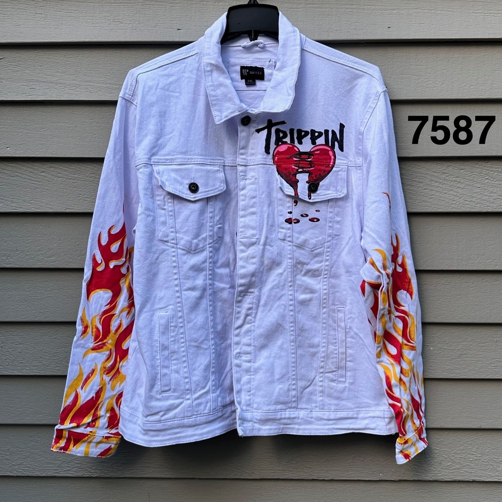 Waimea Mens 2XL White Denim Trucker Jacket Flame Graphic Streetwear Trippin